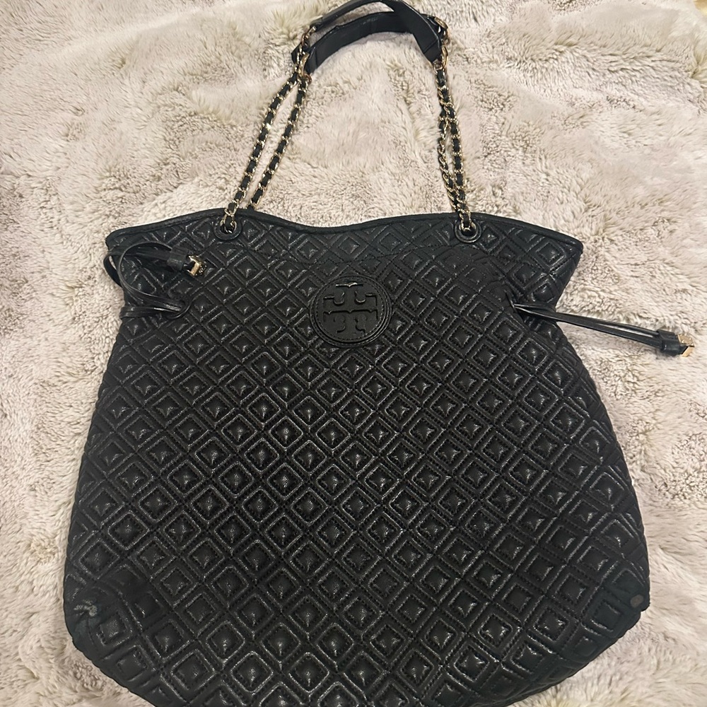 Tory Burch Black Quilted Tote Bag Fleming